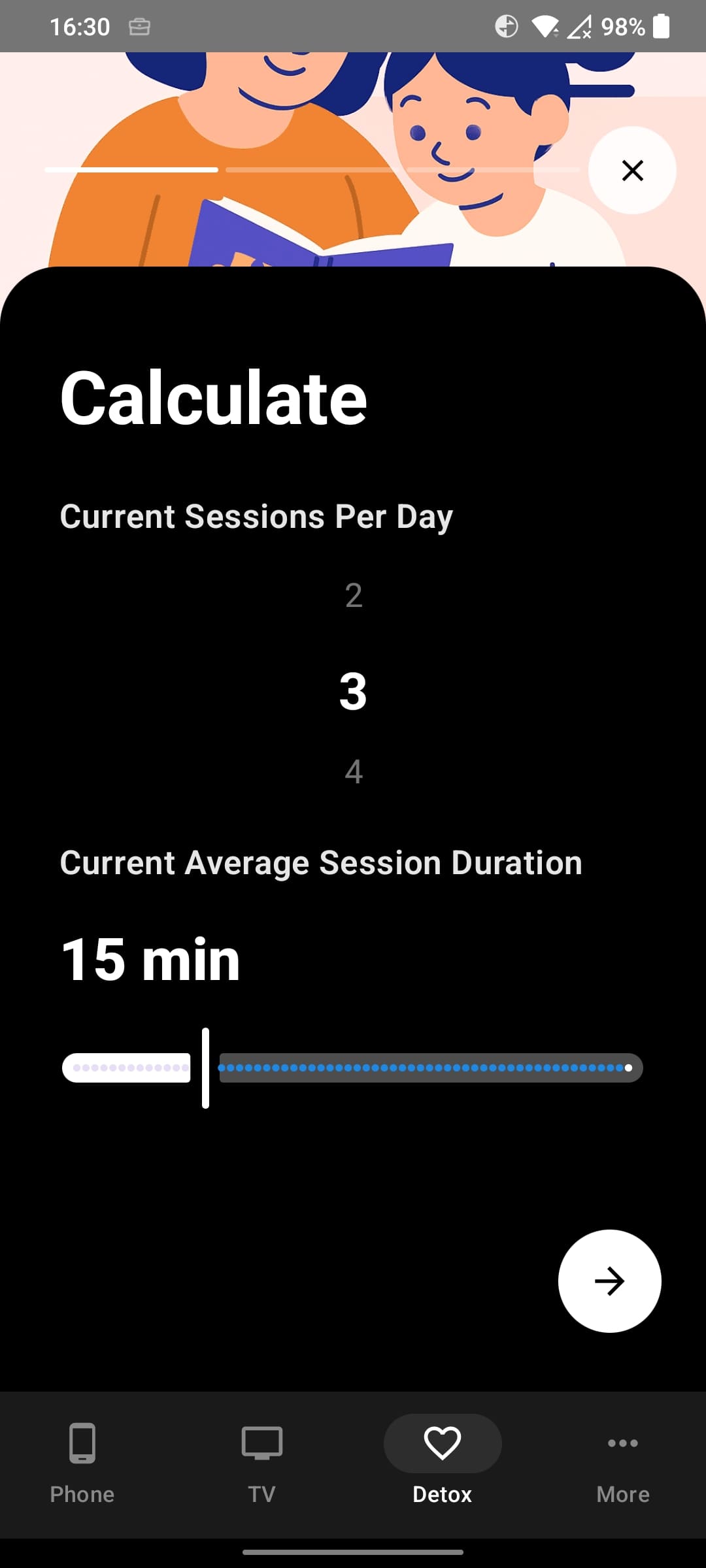 Detox session calculator showing sessions per day and duration