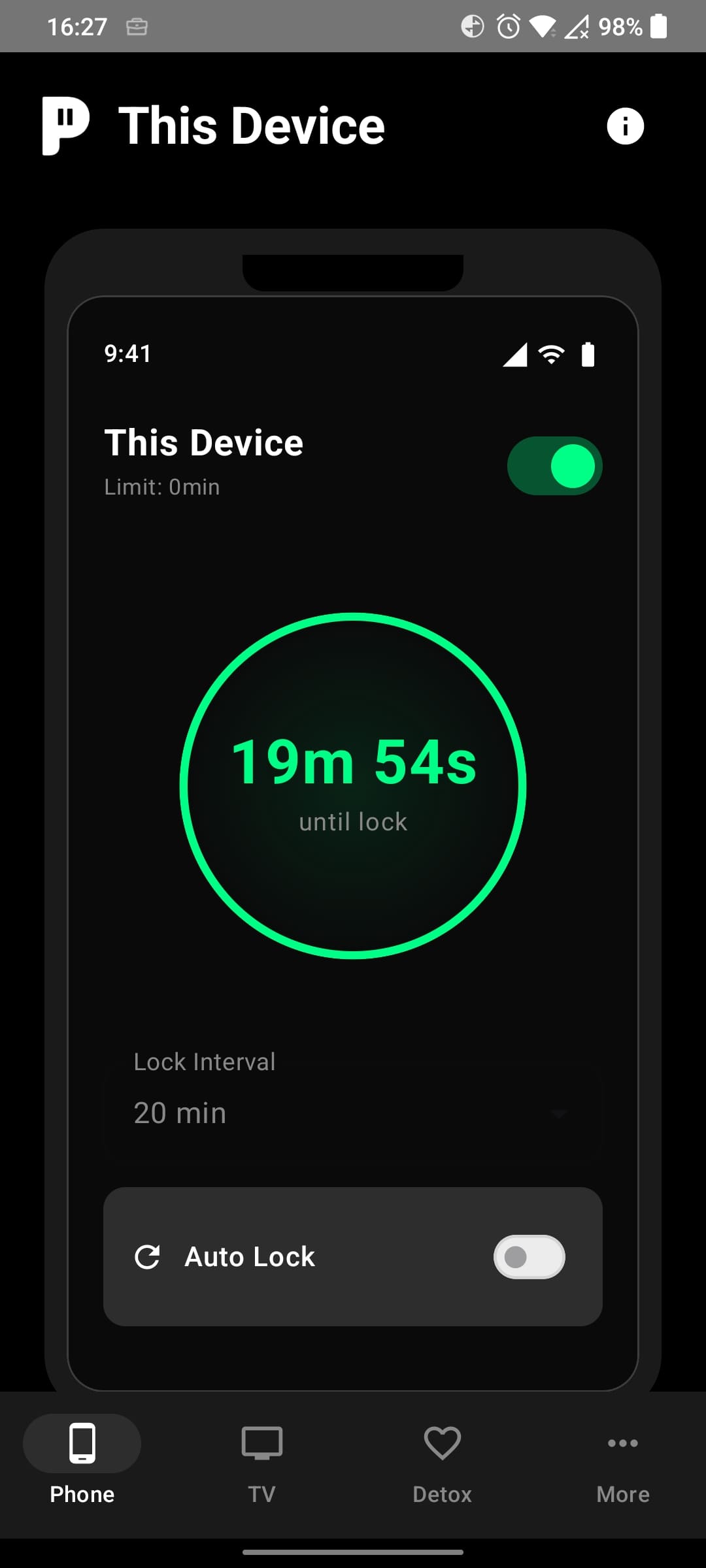 Phone timer with countdown and auto-lock settings