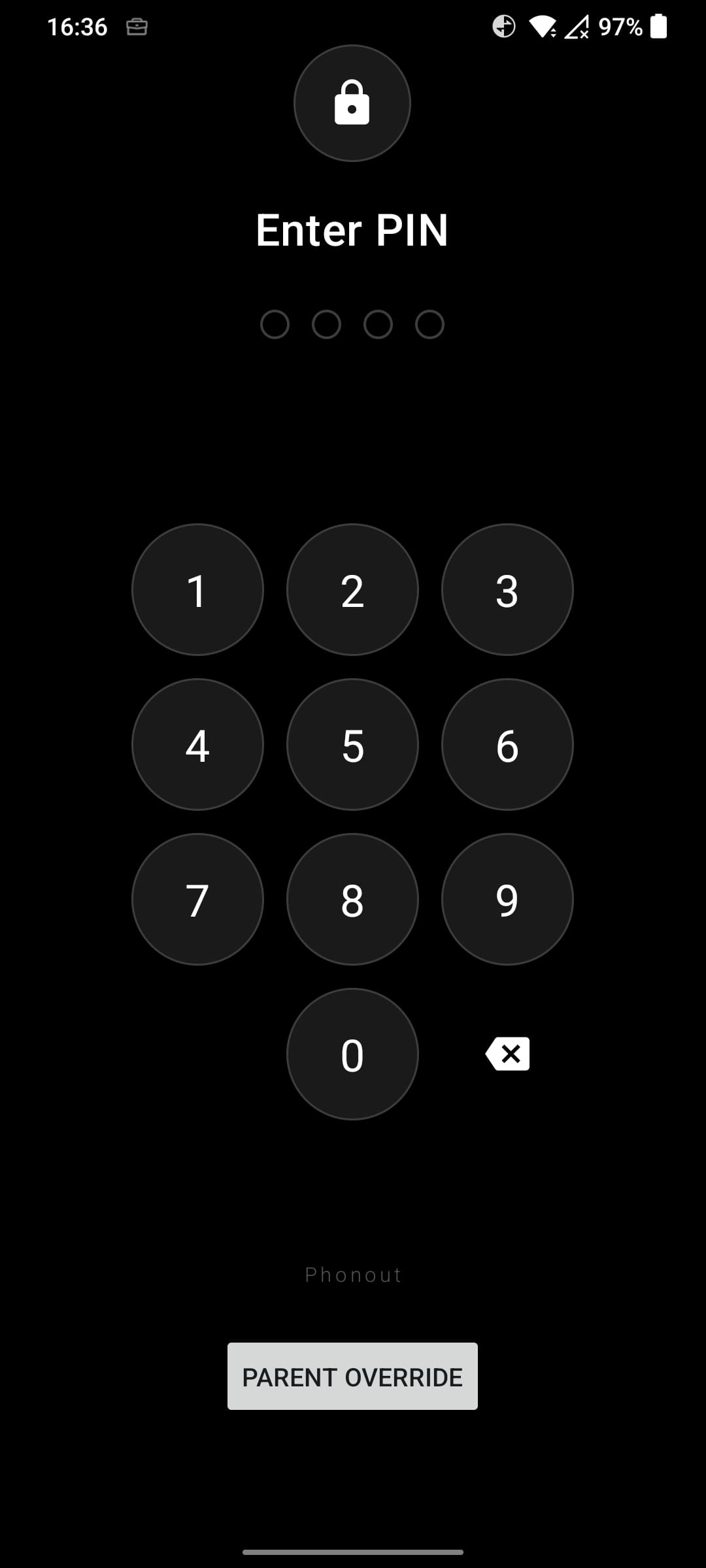Secure PIN entry screen for parent override